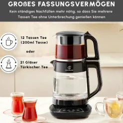 Karaca Çaysever 3 in 1 Sprechende Glas Teekocher Wasserkocher und Vorbereitung von Speisewasser, 1700W, Chrom