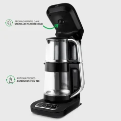 Karaca Çaysever Robotea Pro 4 in 1 Sprechende Automatische Glas-Teemaschine, Wasserkocher und Filterkaffeemaschine, Schwarz Chrom, 2500W