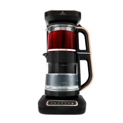 Karaca Çaysever Robotea Pro 4 in 1 Sprechende Automatische Glas-Teemaschine, Wasserkocher und Filterkaffeemaschine 2500W Schwarz Kupfer