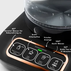 Karaca Çaysever Robotea Pro 4 in 1 Sprechende Automatische Glas-Teemaschine, Wasserkocher und Filterkaffeemaschine 2500W Schwarz Kupfer