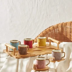 Karaca Bambus farbige Kaffeetasse Set, 6 Personen, 90 ml mit Tablett