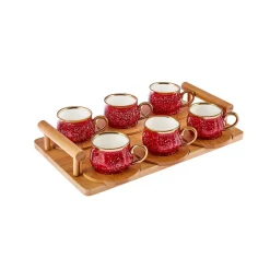 Karaca Bambus Rot Kaffeetassen-Set 90 ml, 6 Personen, mit Tablett