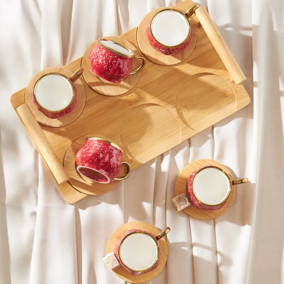 Karaca Bambus Rot Kaffeetassen-Set 90 ml, 6 Personen, mit Tablett