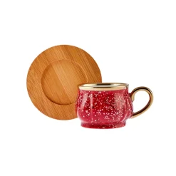 Karaca Bambus Rot Kaffeetassen-Set 90 ml, 6 Personen, mit Tablett