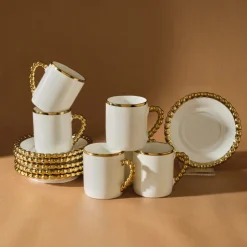 Karaca Boncuk 12-teiliges Bone China Espresso Türkisch-Kaffeetassen-Set für 6 Personen, 80 ml, Weiß Gold