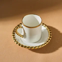 Karaca Boncuk 12-teiliges Bone China Espresso Türkisch-Kaffeetassen-Set für 6 Personen, 80 ml, Weiß Gold