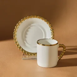 Karaca Boncuk 12-teiliges Bone China Espresso Türkisch-Kaffeetassen-Set für 6 Personen, 80 ml, Weiß Gold