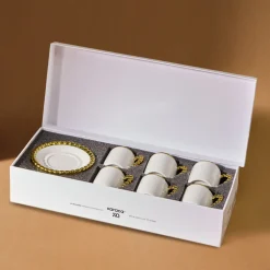 Karaca Boncuk 12-teiliges Bone China Espresso Türkisch-Kaffeetassen-Set für 6 Personen, 80 ml, Weiß Gold