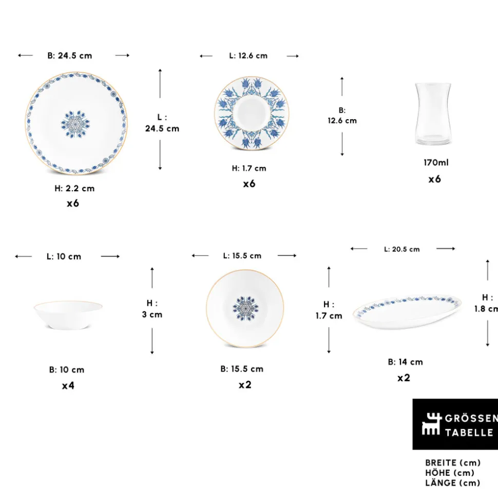 Karaca Bone China İznik 26-teiliges Servierset für 6 Personen, Mehrfarbig
