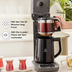 Karaca Caysever Robotea Pro 4 in 1 sprechender automatischer Teekocher Wasserkocher und Filterkaffeemaschine 2500W Space Grau