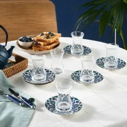 Karaca Edirne 12-teiliges Bone-China Türkisches Teeset für 6 Personen, 130 ml, Mehrfarbig