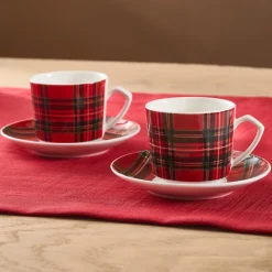 Karaca Ekose V2 4-teiliges Bone China Espresso Türkisch-Kaffeetassen-Set für 2 Personen, 80 ml, Rot