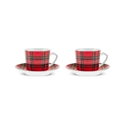 Karaca Ekose V2 4-teiliges Bone China Espresso Türkisch-Kaffeetassen-Set für 2 Personen, 80 ml, Rot
