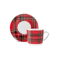 Karaca Ekose V2 4-teiliges Bone China Espresso Türkisch-Kaffeetassen-Set für 2 Personen, 80 ml, Rot