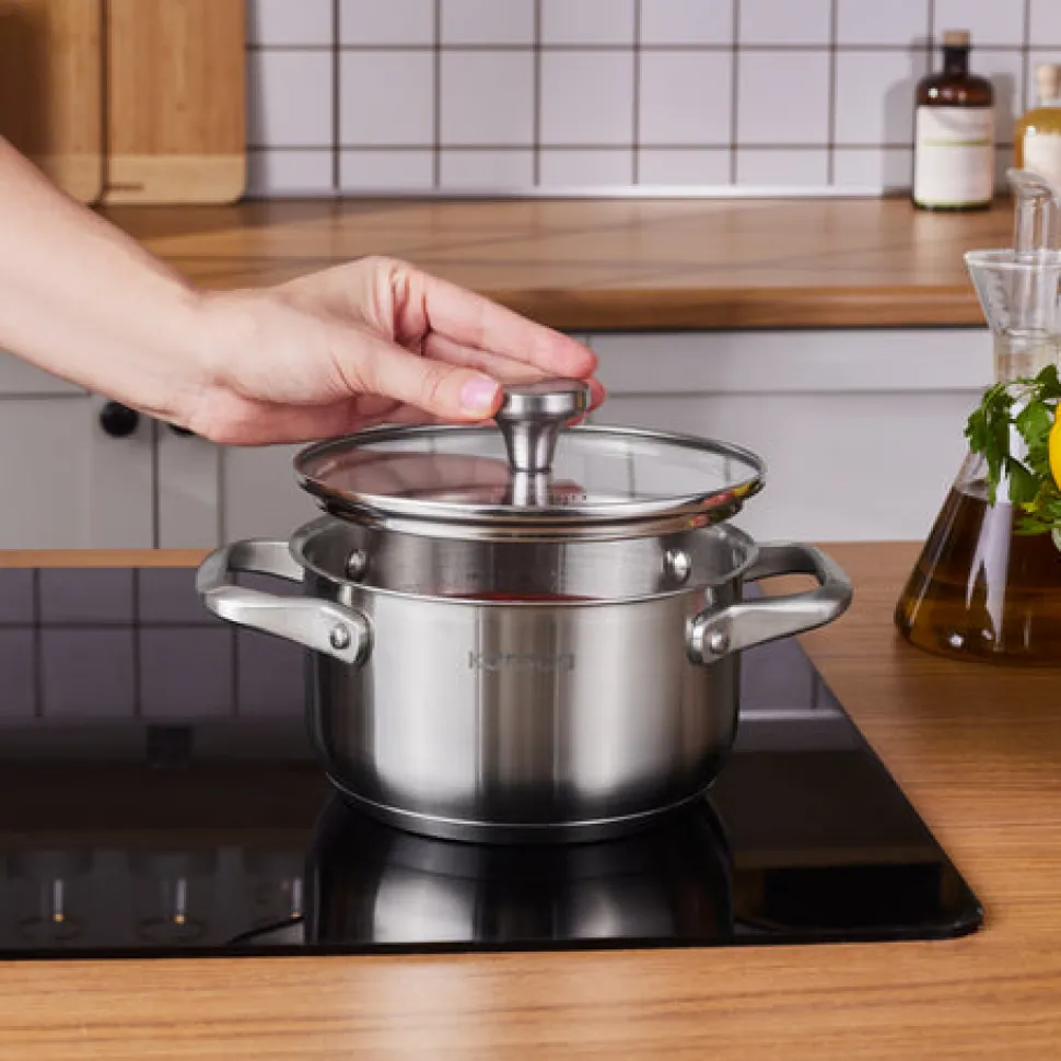 Karaca Elite Edelstahl-Induktions-Kochtopf mit Deckel, 16 cm, Silber