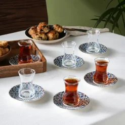Karaca Emirgan 12-teiliges Türkisches Teeset aus Bone China für 6 Personen, 130 ml, Mehrfarbig