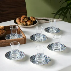 Karaca Emirgan 12-teiliges Türkisches Teeset aus Bone China für 6 Personen, 130 ml, Mehrfarbig