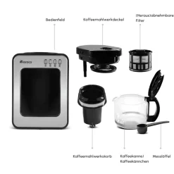 Karaca Grindmaestro Filter-Kaffeemaschine mit Eingebaute Kaffeemühle, 0,5L, 600W, Inox