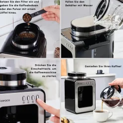 Karaca Grindmaestro Filter-Kaffeemaschine mit Eingebaute Kaffeemühle, 0,5L, 600W, Inox