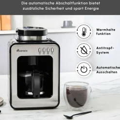 Karaca Grindmaestro Filter-Kaffeemaschine mit Eingebaute Kaffeemühle, 0,5L, 600W, Inox