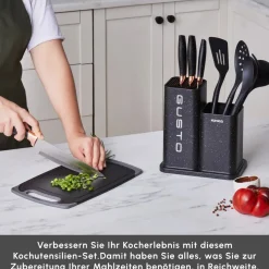 Karaca Gusto Schwarzes 12-teiliges Messer-/Schneidebrett-Set