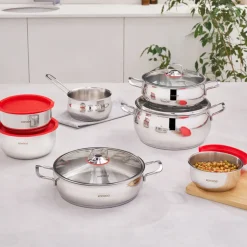 Karaca Induktions Stahl Kochgeschirr Set mit Gratis Vorratsbehälter, 13 Teilig
