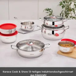 Karaca Induktions Stahl Kochgeschirr Set mit Gratis Vorratsbehälter, 13 Teilig