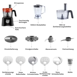 Karaca Mastermaid Power Max 11 in 1 Küchenroboter, Schwarz-Silber Matt, 2500 W