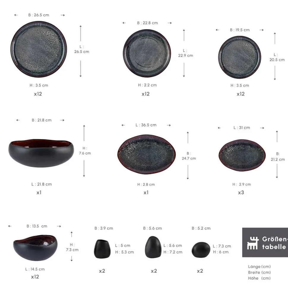 Karaca Red Carpet Collection Streamline Galactic Stoneware Geschirrset 12 Personen Schwarz, 59 Teilig