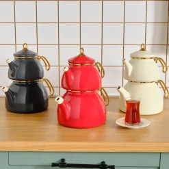 Karaca Retro Emaille Teekannen- Set Rot