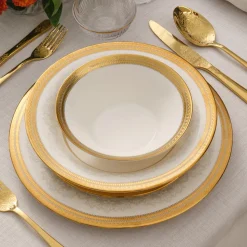 Karaca Royal Bone China Charlotte 55-teiliges Tafelservice für 12 Personen, Gold