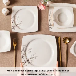 Karaca Square Bone China Autumn 53-teiliges Tafelservice für 12 Personen, Weiß Mehrfarbig