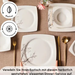 Karaca Square Bone New Autumn 57-Teiliges 12-Personen Geschirrset Gold