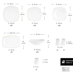 Karaca Square Bone Weiß Gold 53-teiliges Geschirrset für 12 Personen