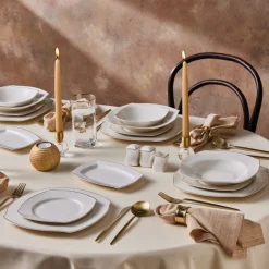 Karaca Square Bone Weiß Gold 53-teiliges Geschirrset für 12 Personen