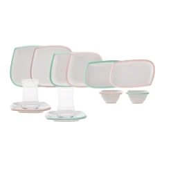 Karaca Tiny Rim für 6 Personen Frühstücksset und Servierschalen, 26 Teilig, Rosa Grün