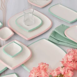 Karaca Tiny Rim für 6 Personen Frühstücksset und Servierschalen, 26 Teilig, Rosa Grün