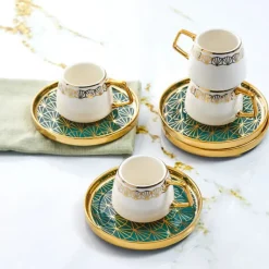 Karaca Verde 12-teiliges Porzellan Espresso Türkischer Kaffeetassen-Set für 6 Personen, 100 ml, Mehrfarbig