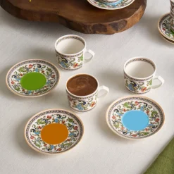 Karaca Yasemen 12-teiliges Bone China Espresso Türkisch-Kaffeetassen-Set für 6 Personen, 80 ml, Mehrfarbig